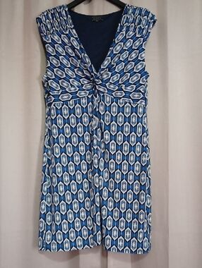 Kiara Twist-Knot Sheath Geometric Print Mini Dress Stretch Knit Blue White